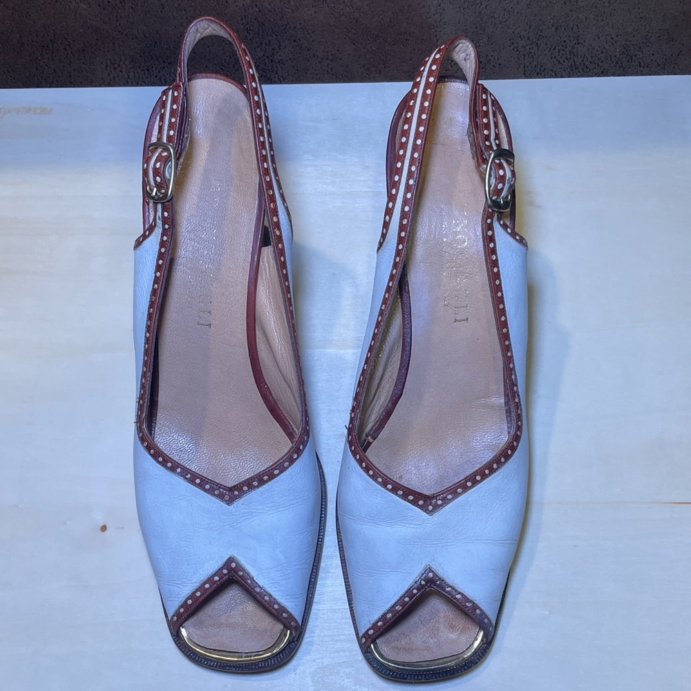 Bruno Magli Vintage White and Brown Slingback Heels